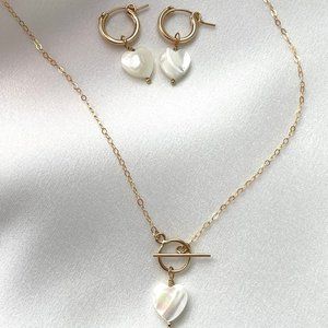 Mother Of Pearl Dainty 14K Gold-Fill Chain Necklace And Hoop Earrings Set